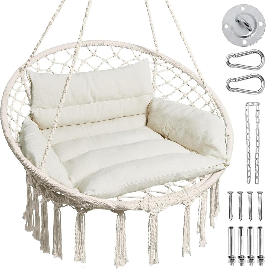 Greenstell Hammock Chair, Macrame Swing Chair with Comfy Cushion, Boho Hanging Chair for Outdoor & Indoor, Perfect for Bedroom, Patio, Balcony, Hold up to 350Lbs, Beige (Larger Size (32.7 x 35.4 x 50.4 inch))