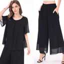 Women's 2 Piece Chiffon Sets Outfits Flowy Summer Casual Dressy Pantsuits Loose Double Layers Blouse Pants Sets Black, Size XL