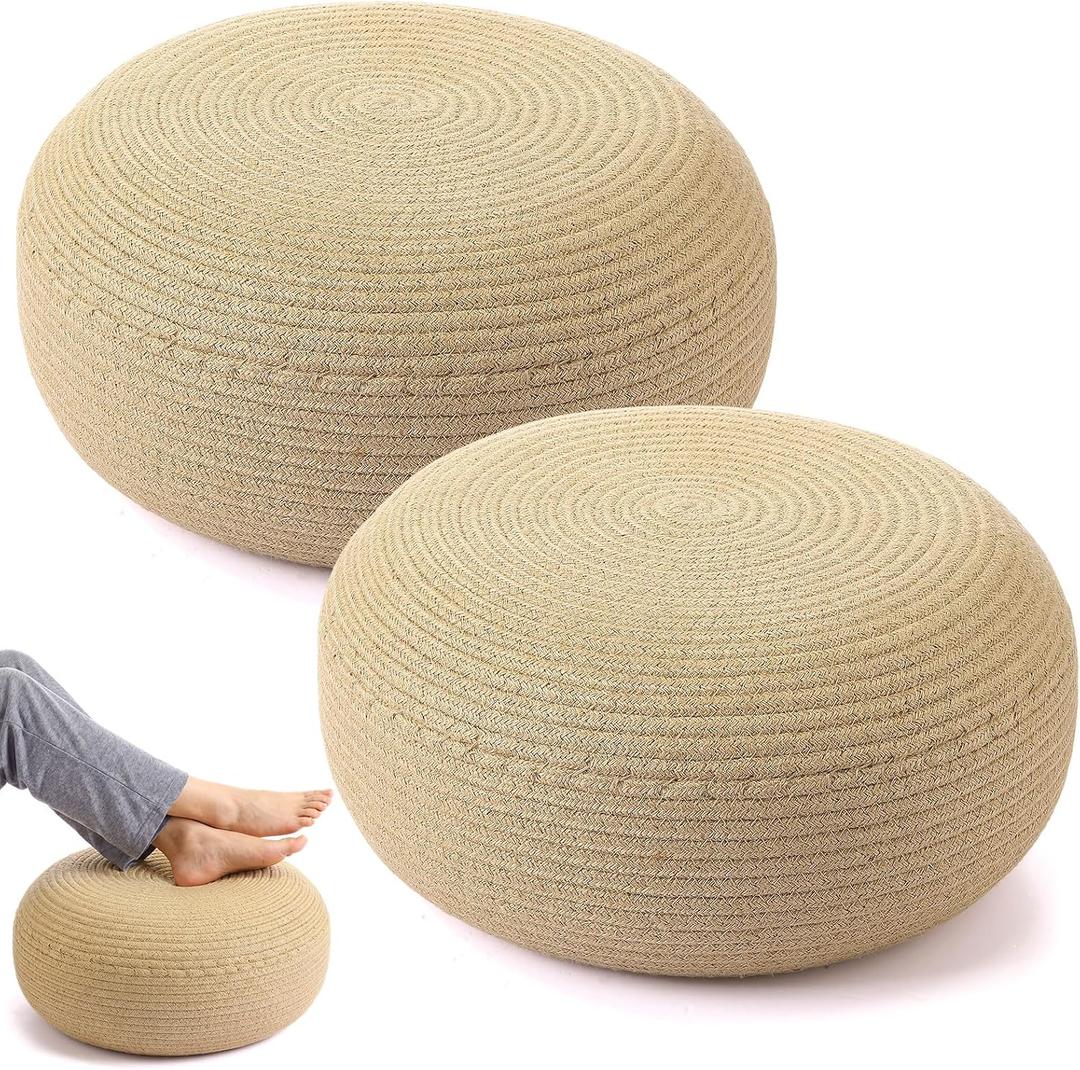 Briwooody 2 Pcs Handmade Round Jute Weave Low Pouf Ottoman, 16 x 16 x 8 inches