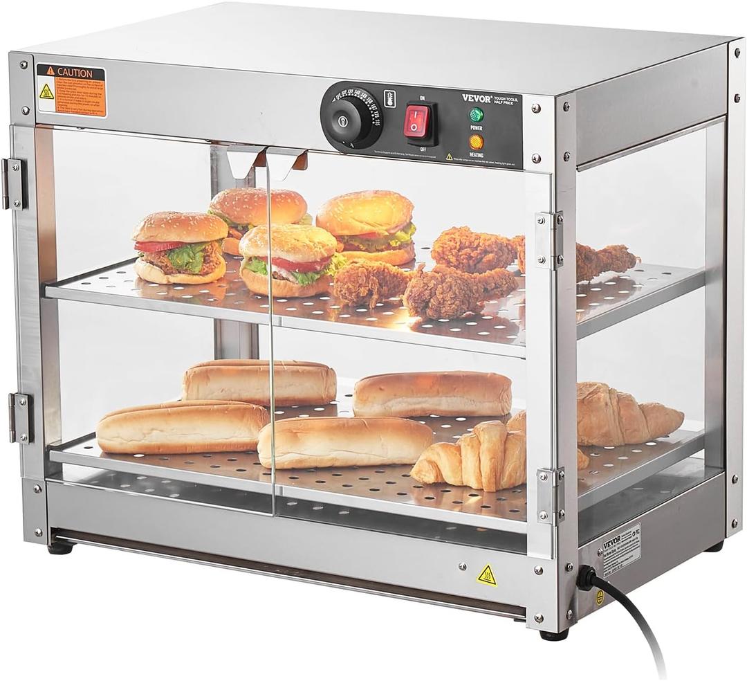 VEVOR 2-Tier Commercial Food Warmer Display, 800W Food Display Warmer with Light to Enhance Food Display, 86~185 Temperature Control, 58L Large Capacity for Hamburger, Pizza, Bread, Fried Chicken