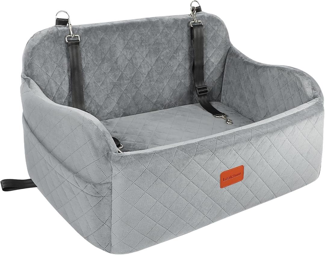 Lealchum Dog Car Seat for Medium Sized Dog, Car Dog Bed with Adjustable Leashes, Comfort and Support with Memory Foam Filled, Safety Travel Per Car Seat with Non-Slip Bottom (Grey, Large)