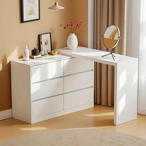 6 Drawer Dresser with Extendable Table, L-Shaped 6-Drawer Desk & Vanity Combo, MDF White Dresser with Storage, Adjustable Vanity with 6 Drawers for Bedroom, White