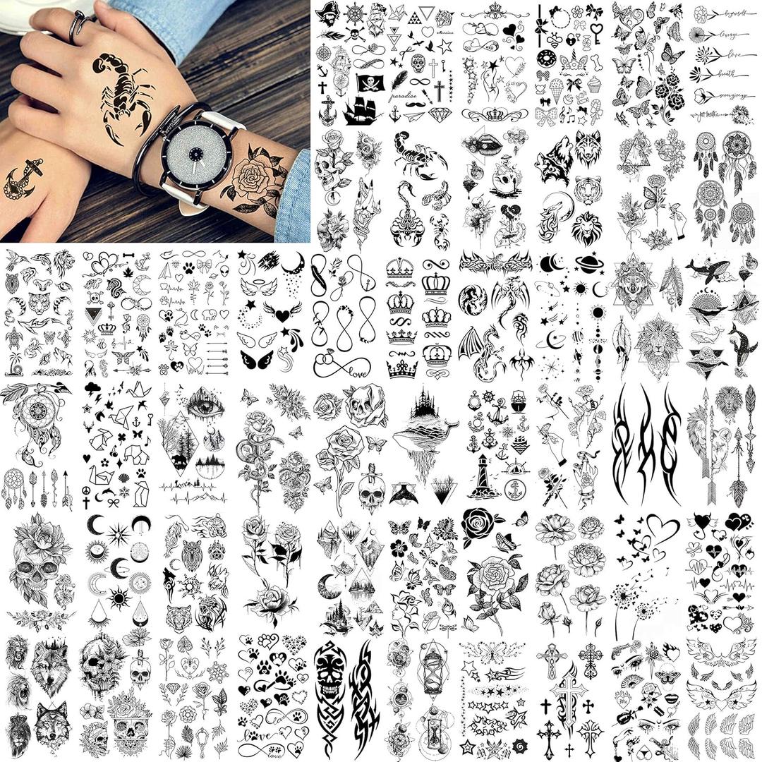 FANRUI 52 Sheets Creative Black Tiny Crown Infinity Triangle Fake Tattoos For Men Women Realistic Stars Letters Tattoos For Kids Temporary Waterproof Arm Hand Face Finger Neck Tatoo Stickers
