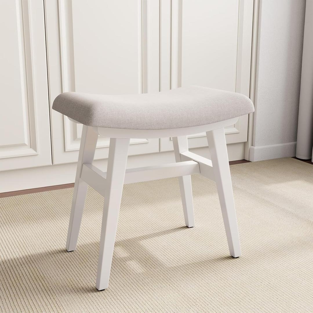 Solid Wood Small Vanity Stool with Saddle Cushion, High-Rebound Sponge Seat, Easy Assembly Makeup Chair, Footstool for Bedroom, Entryway, White