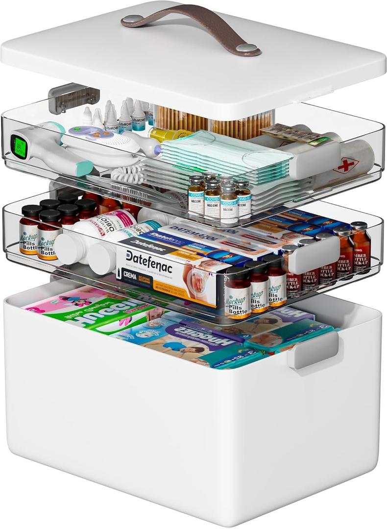 Spreezy 3-Tier Portable Medicine Organizer Box with Transparent Compartments, Home & Travel First Aid Kit, Easy-View Stackable Storage Case for Pills, Bandages & Medical Supplies