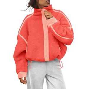 Panadila Womens Fleece Zip Up Jacket Fuzzy Sherpa Jacket Casual Teddy Coats Winter Outerwear with Pockets (Coral Pink Combo,L)