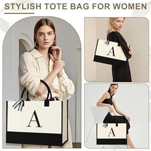 Personalized Canvas Tote Bag, Monogrammed Gift with Zipper Pouch for Women, White, One Size