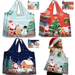 6 Pcs Extra Large Christmas Reusable Grocery Bags Jumbo Santa Tote Bags with Handles Foldable Shopping Storage Pouch Waterproof Oxford Cloth for Gift Holiday Party 19.69" x 15.75", 3 Style