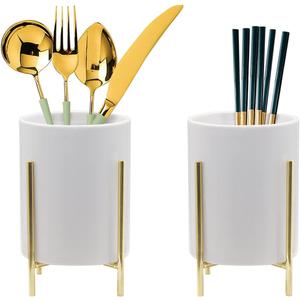 Kitchen Utensil Holder, Ceramic Utensil Holder with Metal Frame Chic & Modern Kitchen Cooking Utensil Holder, Robust Silverware Caddy 4.7 * 3.15 inch Gold 2 Piece Set