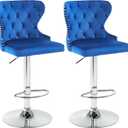 Set of 2 Adjustable Swivel Bar Stools,Velvet Upholstered Counter Height Chairs with Nailhead Trim, Silver Footrest, and High Back for Kitchen Island, Home Bar, Dining Room, Cafe, Blue