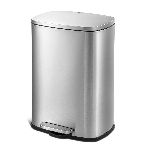 Qualiazero 13 Gal/50L, Rectangle Shape, Stainless Steel Step-On Can, With Soft Close Lid, Brush Finish