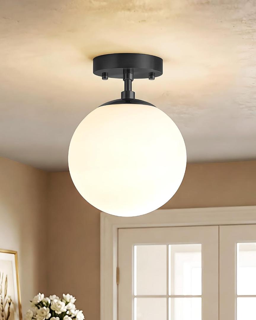 Majade Semi Flush Mount Ceiling Light 6" Globe Mid Century Modern Light Fixture Milk Glass with Matte Black Finish Light Fixtures for Hallway Entryway Kitchen Island Closet Laundry Bathroom