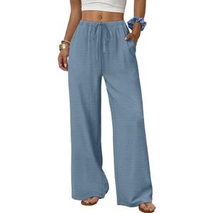 Sampeel Wide Leg Pants for Women Flowy Palazzo Drawstring Elastic Waist Trousers with Pockets Summer Beach Vacation Clothes Small