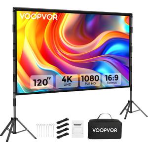 Outdoor Projector Screen with Stand: VOOPVOR 120 inch Portable Projector Screen Indoor - Upgraded Movie Screen 16:9 4K HD - Wrinkle-Free Lightweight Projection Screen with Carry Bag for Backyard Night