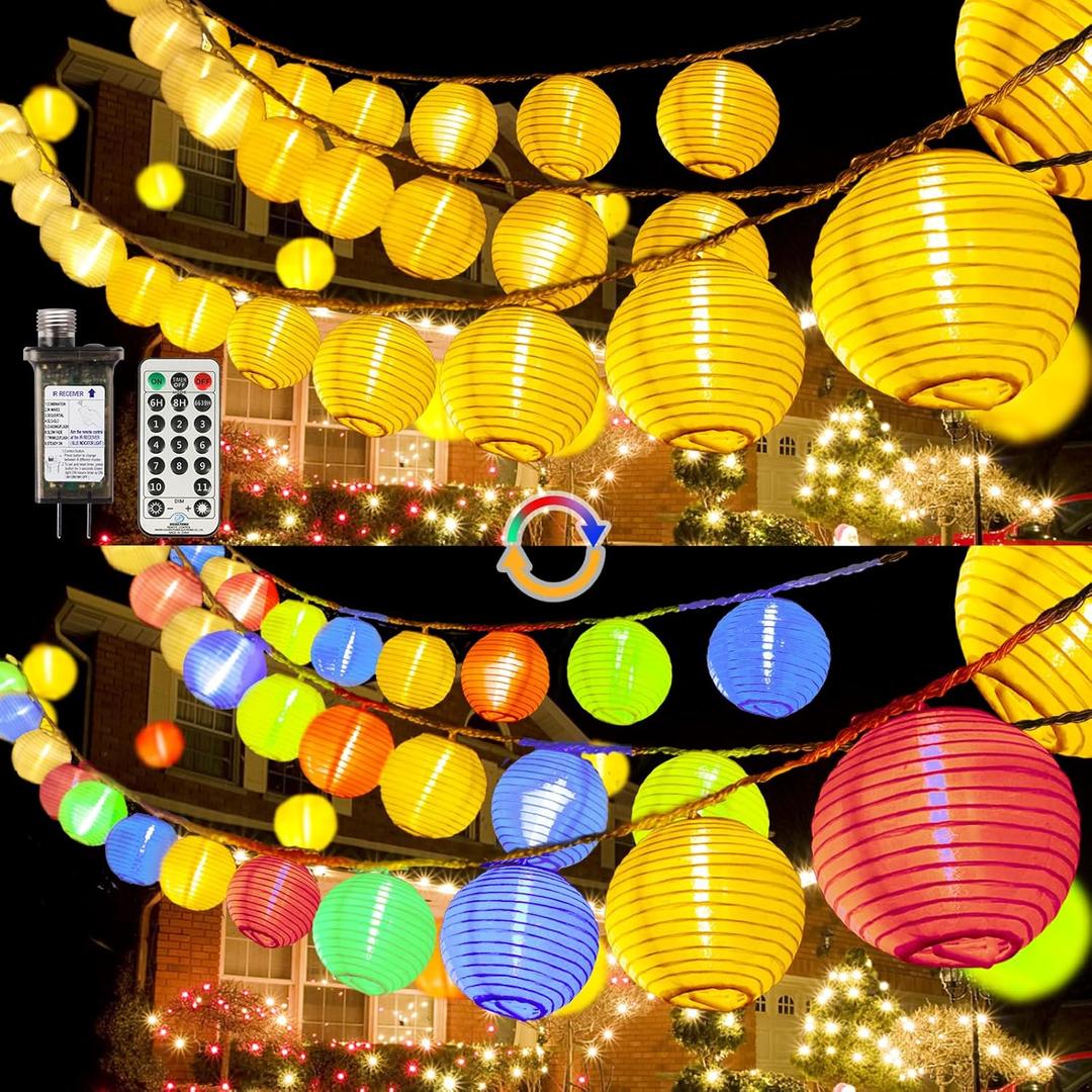 StarryEver Outdoor String Lights Plug in, 40ft 40LED Connectable WarmWhite & Multicolor Nylon Lantern String Lights with Remote, Timer Outdoor Waterproof Patio Lights for Fences Balcony Garden Camping