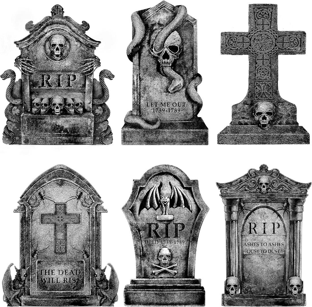 Graveyard Halloween Decorations Outdoor Tombstones: 6ct Large Tombstone Halloween Yard Signs with Stakes, 16" Realistic Scary Skeleton RIP Gravestones Lawn Cemetery Decor Outside for Kids Home Party