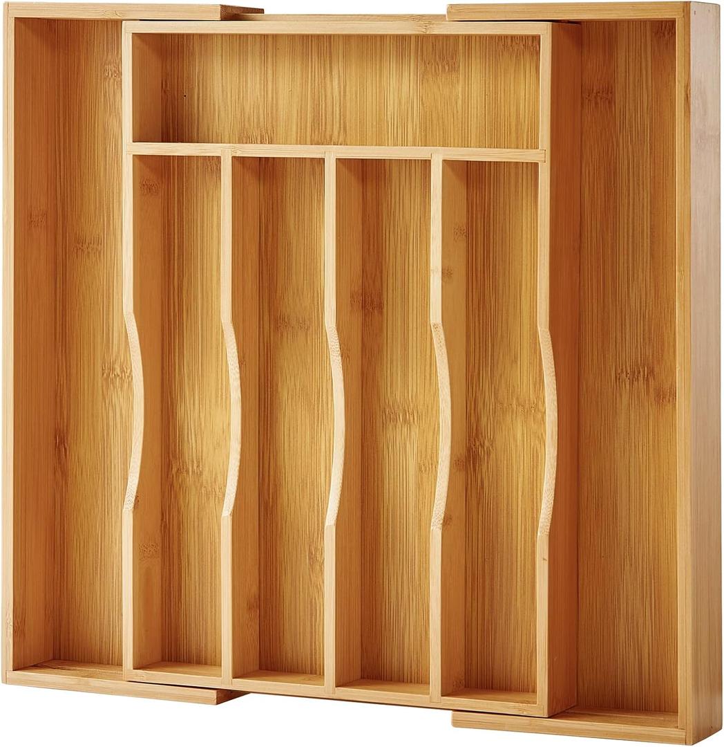 Expandable Bamboo Kitchen Drawer Organizer for Cutlery and Utensils, Adjustable Bamboo Wood Cutlery Tray in Drawer for Flatware and Silverware in Kitchen, (Natural) (7 Slots Expandable, Natural)