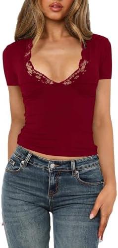 Women's Short Sleeve Sexy Lace V-Neck Summer Going Out 2025 Crop Tops Slim Fit Tees Trendy Y2k Clothing Small, Burgundy