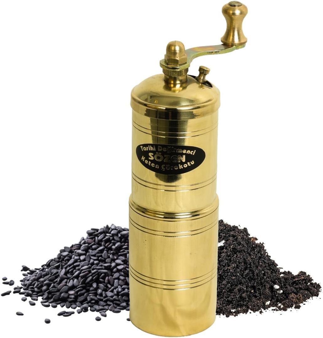 Sozen Black Seed Grinder  5.91 Handmade Manual Brass Mill with Stainless Steel Conical Burrs  Portable Hand Crank Small Seed, Spice Mill Grinder, Portable Herb Turkish Mill