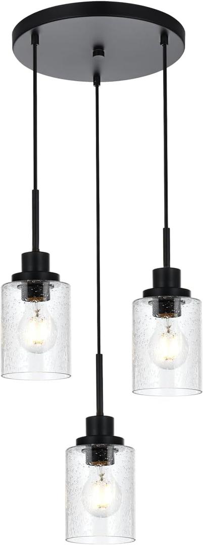 3-Light Modern Pendant Lighting with Clear Seeded Glass, Black Dining Room Chandelier Light Fixture Modern Kitchen Island Cluster Hanging Ceiling Pendant Lights for Sink Bar