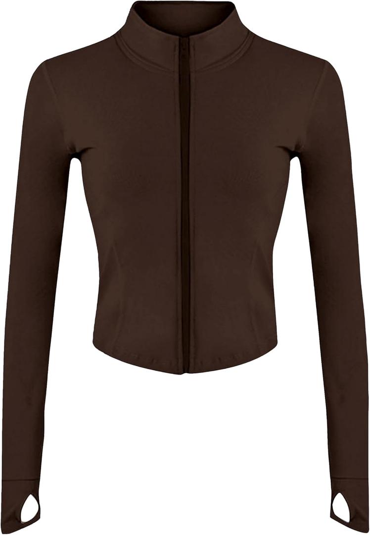 Lviefent Womens Lightweight Full Zip Running Track Jacket Workout Slim Fit Yoga Sportwear with Thumb Holes (Brown-S)