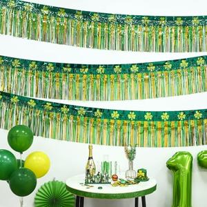 Mega-L St Patricks Day Decorations 2 Pack 39Ft Foil Fringe Garland Tinsel Banner, Green Gold Shamrock Pattern Metallic Hanging Backdrop Streamers Table Skirts for Birthday Party Parade Float Golf Cart
