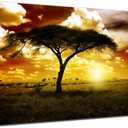 African Trees Landscape Living Room Bedroom Canvas Wall Art Earth Tones Sunset Animal Artwork for Hallway Sofa Wall Decor Frame Canvas Print Dusk Home Office Decor 16x24inch (24L" x 16W")