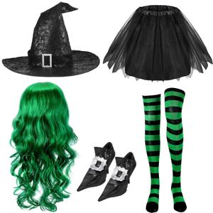 Panitay Halloween Witch Cosplay Costume for Women Witch Hat Tutu Skirt Striped Tights Curly Wig Shoe Covers(Black, Green)