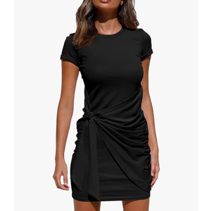 BTFBM Women 2025 Spring Casual Short Sleeve Ruched Bodycon Tank T Shirt Dress Tie Waist Sun Beach Summer Mini Dresses Size M