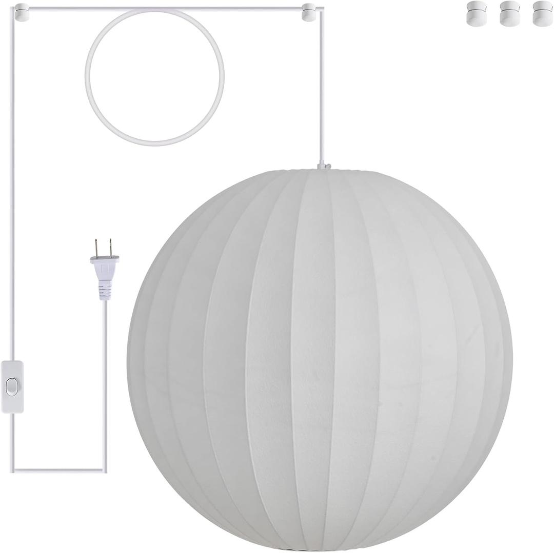20in Plug in Hanging Lamp Large Lantern, White Imitation Silk | Oversize Globe Pendant Light Plug in Lantern Lamp Wabi Sabi Chandelier for Living Dinning Room Kitchen Island Bedroom 1 Pack