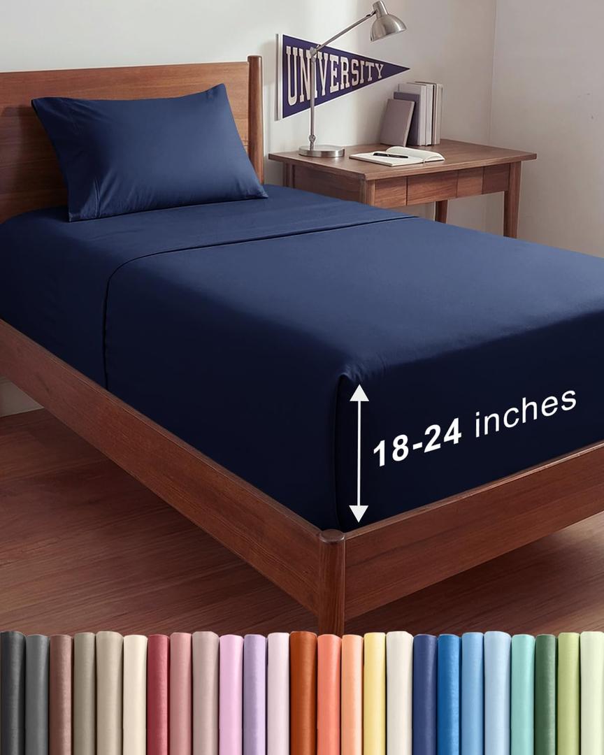 Extra Deep Twin XL Sheet Set - 3 Piece Breathable & Cooling Bed Sheets - Easily Fits 18 to 24 inch Mattress - Ultra Soft, Wrinkle & Fade Free w/ Extra Deep Pockets - Hotel Luxury Bedding - Navy Blue
