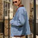 Denim Jacket for Women Contrast Collar Oversized Jean Jacket Women Long Sleeve Button down Barn jackets Coat (Medium, Blue)