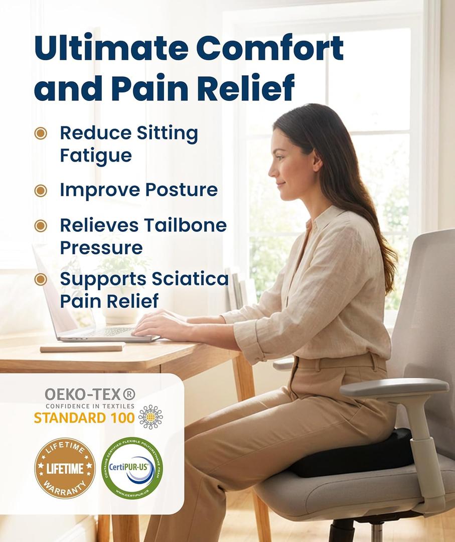 Memory Foam Seat Cushion for Office Chair Seat Cushions for Long Sitting Tailbone Pain Relief Anti-Slip Bottom & Removable Leather Cover for Car Gaming Work