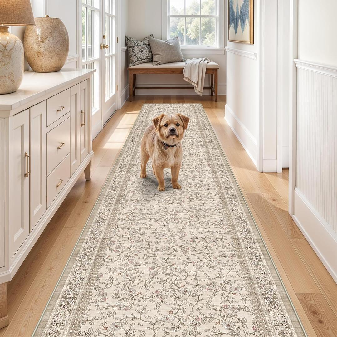 TOPRUUG 2x12 Washable Runner Rug - 12ft Runners for Hallway Non Slip Kitchen Rugs Soft Low Pile Carpet for Bedroom Bathroom Entryway - Stain Resistant Vintage Home Decor (Floral/Beige, 2X12)