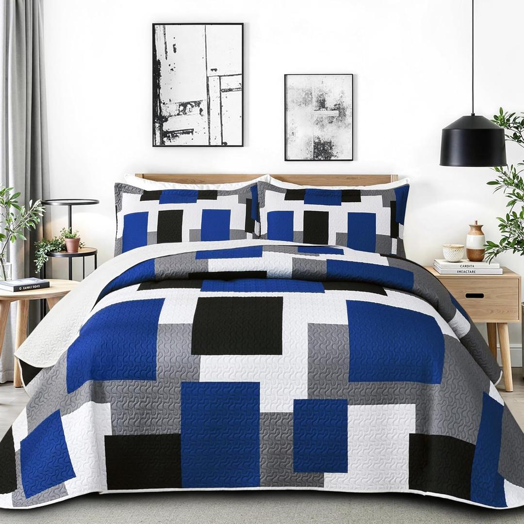 3 Piece Blue White Grey Quilt Set Full/Queen Size Black White Geometric Reversible Bedding Set Microfiber Lightweight Bedspread Coverlet with 2 Shams Modern Bed Covers for All Season, 90''x96''