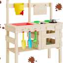 Outdoor Toy Kitchen Made of Solid Fir Wood – With Faucet, Double-Sided Table, Shelf, Sink and Hob – Garden Toys for Children From 3 Years