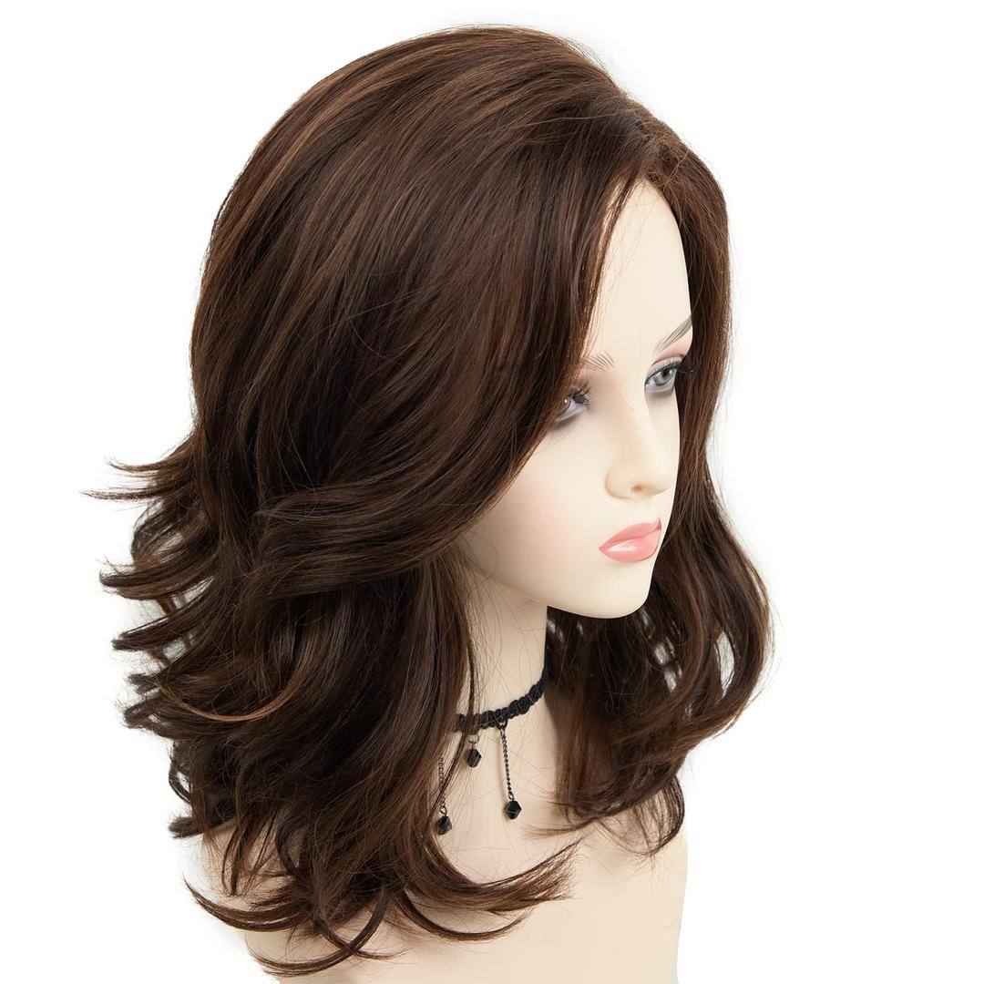 RENERSHOW Brown with Blonde Highlight Natural Wavy Wigs for White Women Mixed Brown Synthetic Wig Natural Looking Daily Party Wig