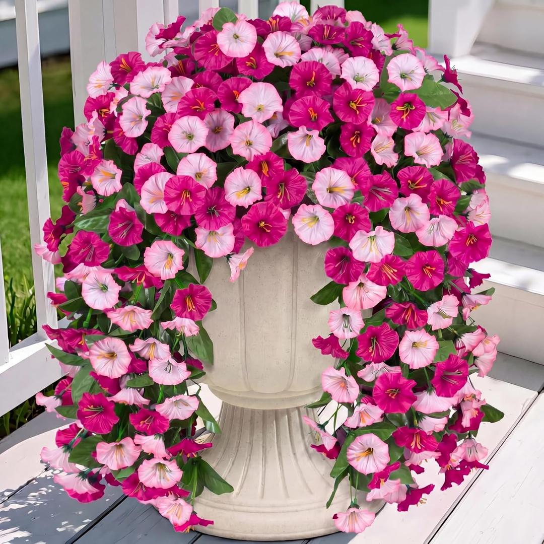 Suncalla 4 Pcs Artificial Fake Hanging Flowers Plants for Outdoor Faux Silk Morning Glory Vines UV Resistant Petunias Ferns Outside Spring Decoration for Porch Balcony Patio Garden (Pink)