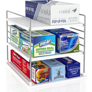Pantry Organizers and Storage, Foil and Plastic Wrap Organizer- Divided Compartment Holder for Aluminum Foil&Wraps&Baggie Boxes, Upgraded Shelf Organizer for Pantry Organizer, Pantry Storage (White&gray-small)