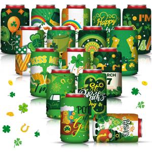 Umigy 32 Pcs St. Patrick's Day Beer Can Coolers Sleeves Irish Shamrock Beer Can Coolers Soft Insulated Bulk for Soda Cover Collapsible for Favors Parties Beer Water Bottles