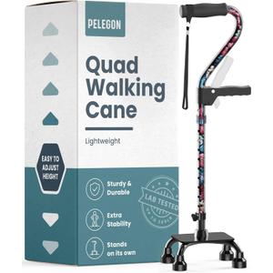 PELEGON Quad Cane (300LB) - Adjustable Walking Cane with A Large 4 Pronged Base for Extra Balance & Stability, Walking Canes for Seniors, Walking Cane for Men & Women, Walking Sticks
