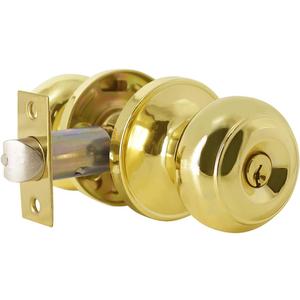 Probrico Keyed Entry Door Knob with Lock, Polished Brass Flat Ball Entrance Door Lockset for Exterior/Interior Front or Back Doors, 1 Pack