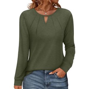 Womens Long Sleeve Crew Neck Shirts Pleated Keyhole Tops Blouses Dressy Casual (X-Large, Army Green)
