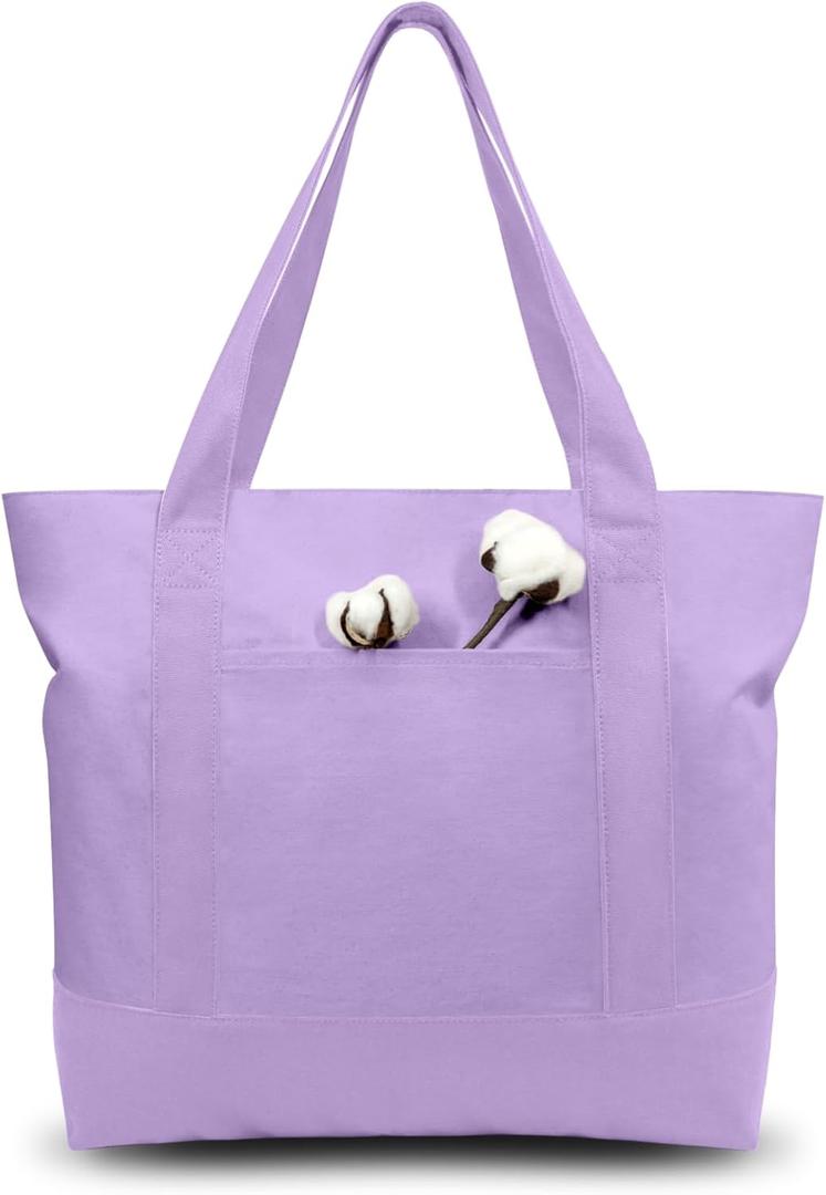 TOPDesign 1-Pack Canvas Tote Bag with an External Pocket, Reusable Grocery Shopping Bag, Top Zipper Closure, Daily Essentials (Lavender)