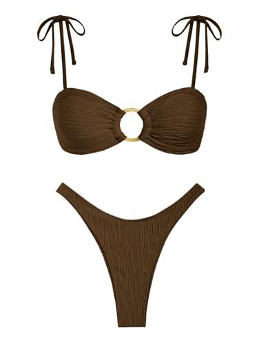 ZAFUL Women's Sexy Tie Spaghetti Strap Bikini Textured O Ring Ruched High Leg Swimsuit Cheeky Bathing Suits (Deep Coffee, L)