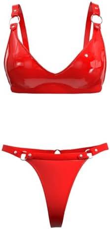 xokesy Women Sexy Leather Lingerie Set, High-Elastic Shorts, Glossy, Shiny Shaping Latex Bra Adjustable (XL, Red)