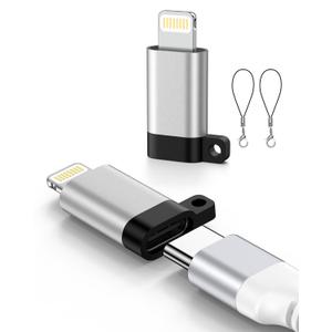 27W USB C to Lightning Adapter Fast Charging Data Sync, USB C Female to Lightning Male Adapter for iPhone/ iPad/ Airpods, 2 Pack Type-C to iPhone Cable Converter with Anti-Lost Loop, Not for Audio/OTG (Silver)