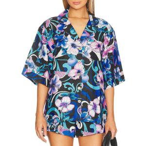 Women's Floral Print Button Down Shirts Short Sleeve Summer Casual Blouse Tops (M)