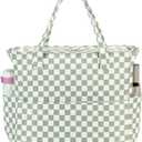 Waterproof Beach Tote Pool Bags for Women Ladies Extra Large Gym Tote Carry On Bag With Wet Compartment for Weekender Travel (Grass Green White Grid)