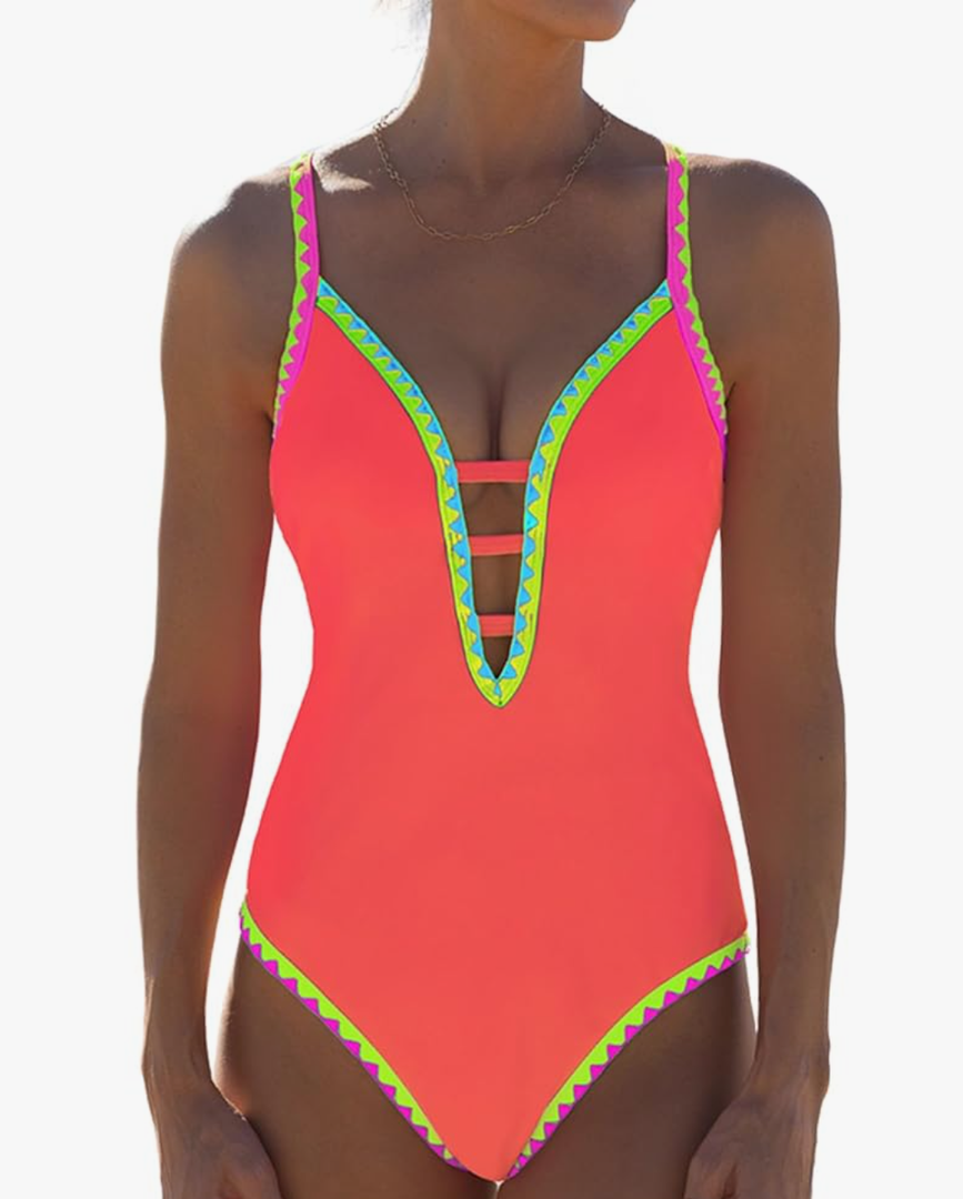 popvil Women One Piece Swimsuit Tummy Control Deep V Neck Neon Cute Bathing Suit Back Tie Swim Suits 2025 Summer, Orange, Small